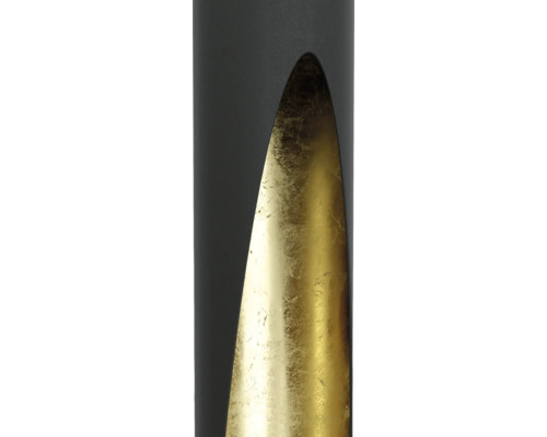 Prim-plan cu o lampă neagră cu interior auriu