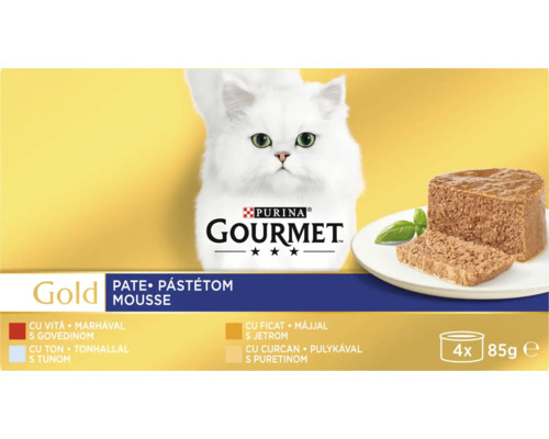 Purina Gourmet Gold pateu mousse pentru pisici, 4 bucăți a câte 85 de grame