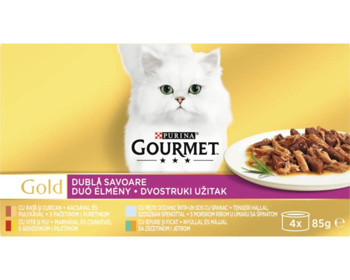 Hrană pentru pisici Purina Gourmet Gold cu diverse arome în cutii de 85 de grame