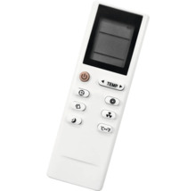 Telecomandă albă pentru aer condiționat cu ecran, reglaj temperatură, temporizator, ventilator și comutare între Celsius și Fahrenheit.
