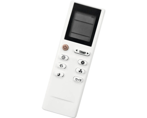 Telecomandă albă pentru aer condiționat cu ecran, reglaj temperatură, temporizator, ventilator și comutare între Celsius și Fahrenheit.