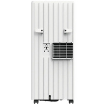 Vedere din spate a unui aparat de aer condiționat mobil cu grilă de ventilație, suporturi pentru cabluri și role.