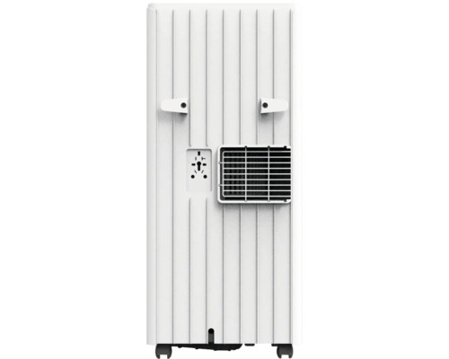 Vedere din spate a unui aparat de aer condiționat mobil cu grilă de ventilație, suporturi pentru cabluri și role.