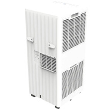 Aparat de aer condiționat mobil alb, cu grile de ventilație, suporturi pentru cablu, panou de control superior și roți.