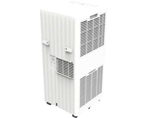 Aparat de aer condiționat mobil alb, cu grile de ventilație, suporturi pentru cablu, panou de control superior și roți.