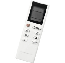 Telecomandă albă cu afișaj digital și butoane pentru reglarea temperaturii și a ventilatorului.