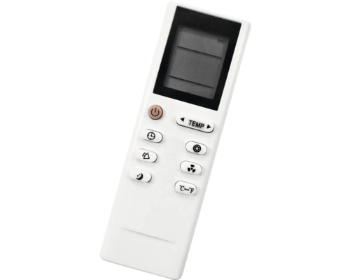 Telecomandă albă cu afișaj digital și butoane pentru reglarea temperaturii și a ventilatorului.