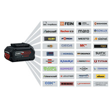 Acumulator Bosch AMPShare 18 volți cu logourile partenerilor precum FEIN, fischer și brennenstuhl, ilustrând compatibilitatea sistemului.