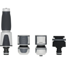 Set de conectare pentru furtun de grădină format din duză de pulverizare, conector de furtun, conector cu oprire apă și conector pentru robinet.
