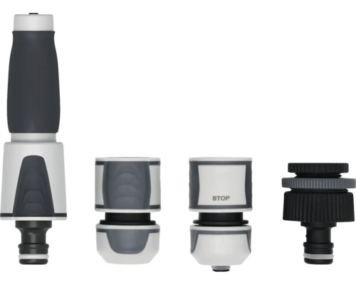 Set de conectare pentru furtun de grădină format din duză de pulverizare, conector de furtun, conector cu oprire apă și conector pentru robinet.