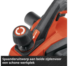 Detaliu al unei rindele electrice cu buton de reglare a adâncimii și selector pentru evacuarea așchiilor pe ambele părți.