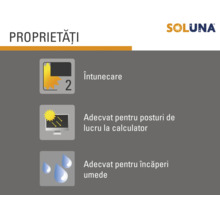 Logo Soluna cu proprietăți: întunecare, adecvat pentru posturi de lucru la calculator și pentru încăperi umede.