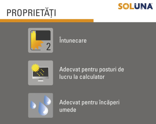 Logo Soluna cu proprietăți: întunecare, adecvat pentru posturi de lucru la calculator și pentru încăperi umede.