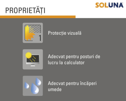 Logo Soluna. Protecție vizuală nivelul 1, adecvat pentru posturi de lucru la calculator și încăperi umede.