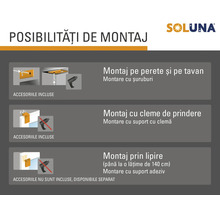 Soluna Logo. Posibilități montaj Soluna: pe perete și tavan cu șuruburi, cu cleme fără găurire, prin lipire până la 140 centimetri.
