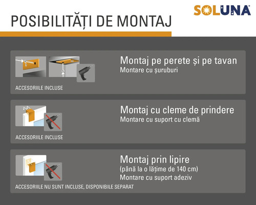 Logo SOLUNA. Posibilități de montaj: pe perete și tavan cu șuruburi, cu cleme sau prin lipire fără găurire până la o lățime de 140 centimetri.