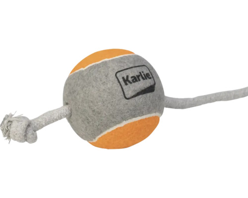 Jucărie pentru câini Karlie, minge de tenis pe frânghie cu nod, suprafață din pâslă portocalie și gri.