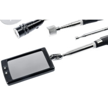 Set de inspecție telescopic format din oglindă de inspecție dreptunghiulară cu LED și dispozitiv de prindere magnetic cu lanternă integrată.