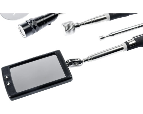 Set de inspecție telescopic format din oglindă de inspecție dreptunghiulară cu LED și dispozitiv de prindere magnetic cu lanternă integrată.