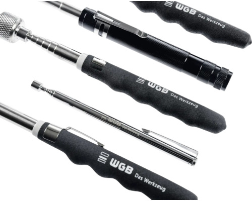 Set de unelte telescopice WGB cu recuperator magnetic și unelte de inspecție cu mânere ergonomice negre.