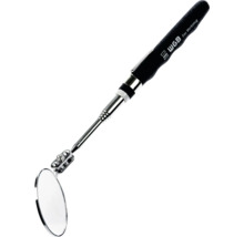 Oglindă telescopică de inspecție cu oglindă rotundă și tijă metalică, mâner negru cu WGB Logo.