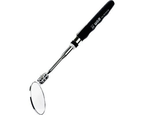 Oglindă telescopică de inspecție cu oglindă rotundă și tijă metalică, mâner negru cu WGB Logo.