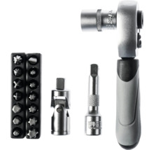 Set de clichet metalic cu clichet reversibil, mâner ergonomic, cheie tubulară, prelungitor, articulație cardanică și biți în suport.
