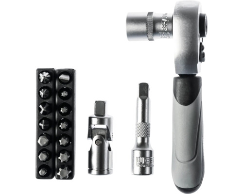 Set de clichet metalic cu clichet reversibil, mâner ergonomic, cheie tubulară, prelungitor, articulație cardanică și biți în suport.