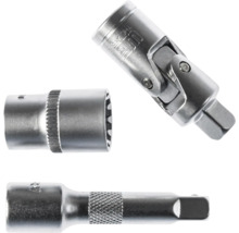 Accesorii metalice pentru chei tubulare cu articulație cardanică, cap tubular și prelungitor.