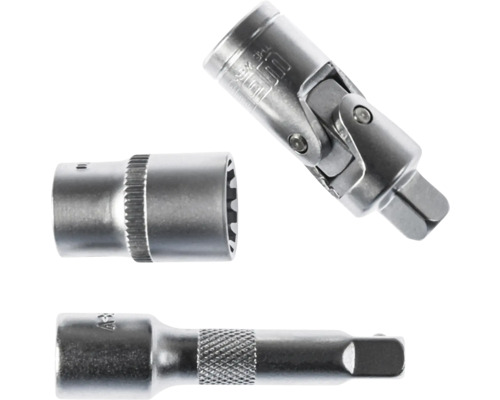 Accesorii metalice pentru chei tubulare cu articulație cardanică, cap tubular și prelungitor.