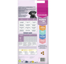 Spatele ambalajului hranei uscate Eukanuba Puppy pentru căței de talie mare cu pui, cu tabel de dozaj și greutate netă de 15 kilograme.