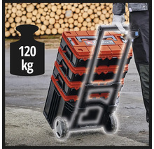Sistem de cutii pentru scule Einhell E-Case pe un cărucior cu roți, capacitate de încărcare de până la 120 kilograme.