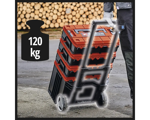 Sistem de cutii pentru scule Einhell E-Case pe un cărucior cu roți, capacitate de încărcare de până la 120 kilograme.