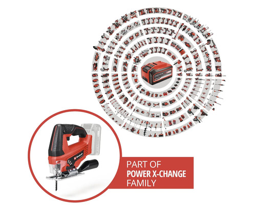 Ferăstrău pendular cu acumulator Einhell din familia Power X-Change cu o prezentare a numeroaselor unelte compatibile.