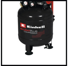 Compresor Einhell SilentPlus cu rezervor de aer comprimat negru, două manometre, picioare de susținere și Einhell Logo.