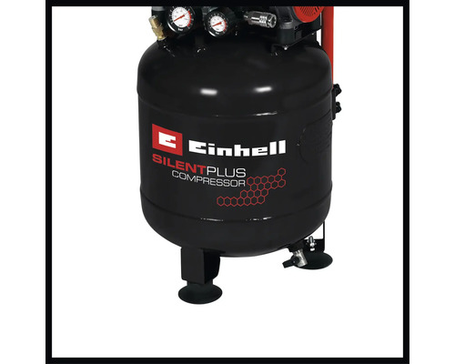 Compresor Einhell SilentPlus cu rezervor de aer comprimat negru, două manometre, picioare de susținere și Einhell Logo.