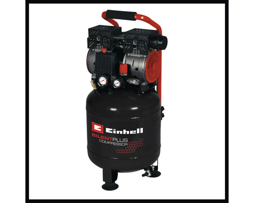 Compresor Einhell SilentPlus cu rezervor vertical, manometre și mâner de transport pentru atelier.