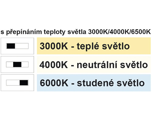 Reglarea temperaturii de culoare între 3000 Kelvin alb cald, 4000 Kelvin alb neutru și 6000 Kelvin alb rece.