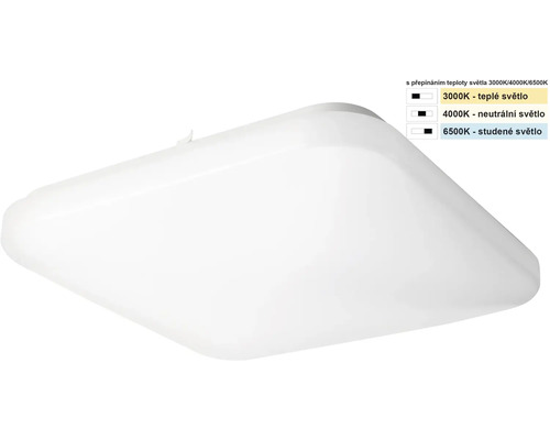 Plafonieră LED pătrată cu colțuri rotunjite și temperatură de culoare reglabilă între 3000 și 6500 Kelvin.