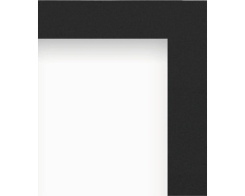 Vedere de aproape a unui colț de ramă foto cu profil negru și paspartu alb.