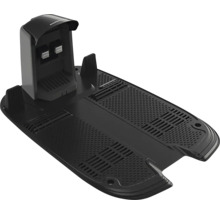 Stație de încărcare pentru robot de tuns iarba din plastic negru cu placă de bază structurată și contacte de încărcare.