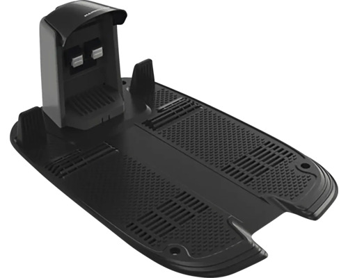 Stație de încărcare pentru robot de tuns iarba din plastic negru cu placă de bază structurată și contacte de încărcare.