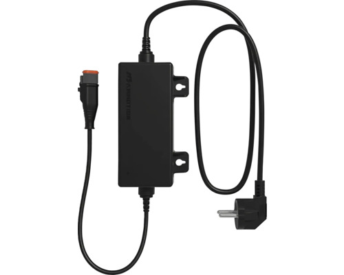 Transformator Ambiton pentru iluminat cu LED cu ștecher de rețea, urechi de montare și cablu de conectare.