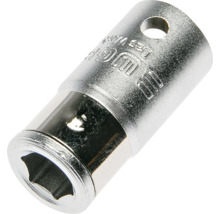 Capăt de cheie tubulară din metal cu profil hexagonal și orificiu.