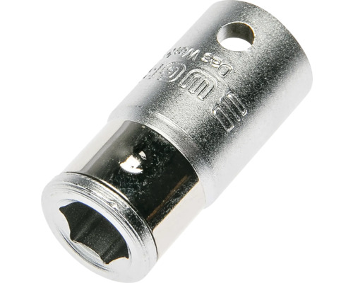 Capăt de cheie tubulară din metal cu profil hexagonal și orificiu.