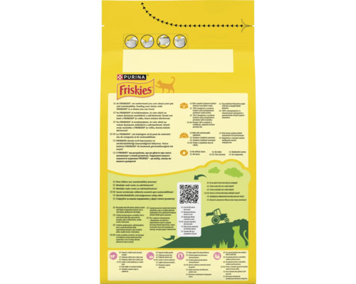 Spatele ambalajului Purina Friskies pentru pui de pisică cu detalii despre sustenabilitate și cod QR. Sigla Purina și Sigla Friskies.