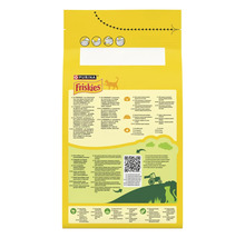 Spatele unui pachet de hrană pentru pisici Purina Friskies cu informații despre produs, Purina Friskies Logo, instrucțiuni de hrănire și cod QR.