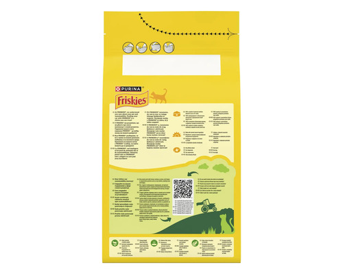 Spatele unui pachet de hrană pentru pisici Purina Friskies cu informații despre produs, Purina Friskies Logo, instrucțiuni de hrănire și cod QR.