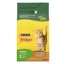 Hrană uscată pentru pisici Purina Friskies Indoor, cu pui, curcan și legume, pachet de 1,5 kilograme.
