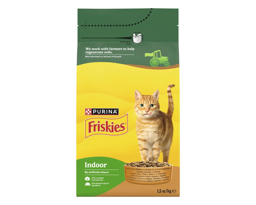 Hrană uscată pentru pisici Purina Friskies Indoor, cu pui, curcan și legume, pachet de 1,5 kilograme.